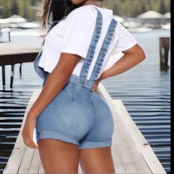 90’s Style Trend Stone Wash Style Button High Waist Overalls Demin Jumper Shorts - Picture 2 of 16